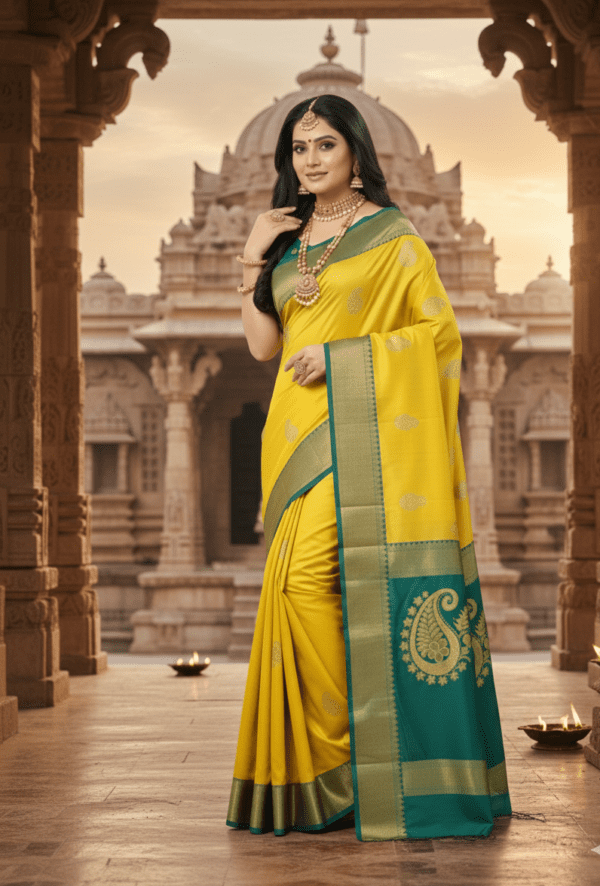 VistaraaTrendz Royal Yellow Silk Saree with Green Zari Pallu